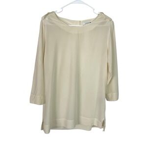 Vtg Lacoste Womens 100% Silk Blouse Sz EU 36 US 4/S Ivory Military 3/4 Sleeve